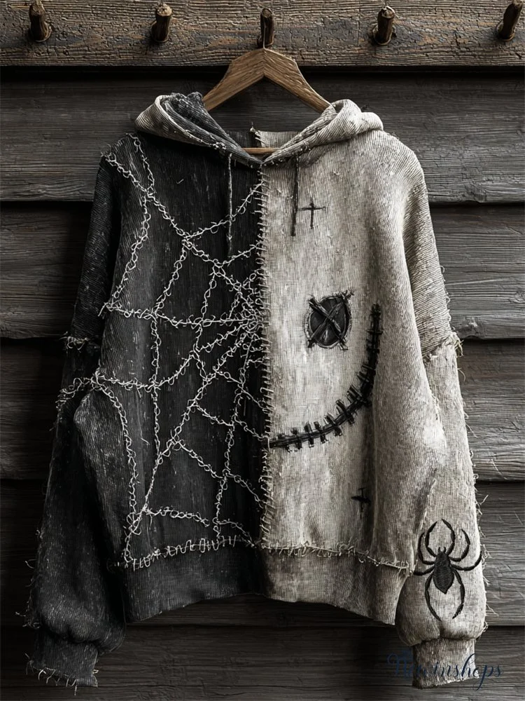 Halloween Spider Spooky Face Contrast Stitched Hoodie