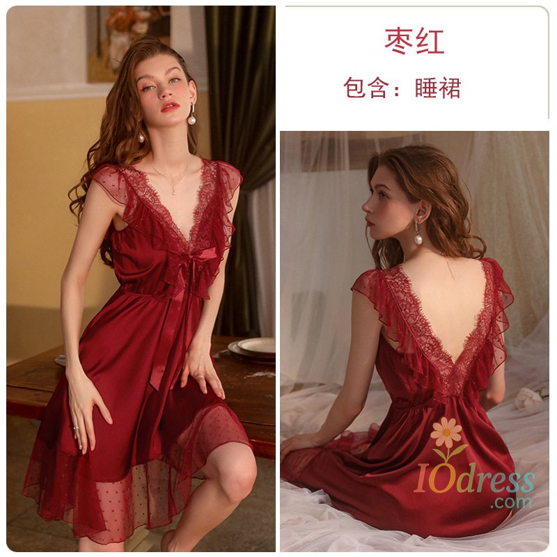 IO Dress Evening Pajamas Sexy Sleepwear Pure Flounces Ice Silk Lace Nightdress Night Gown Women Nightwear Nighty for Ladies Sleep Dress