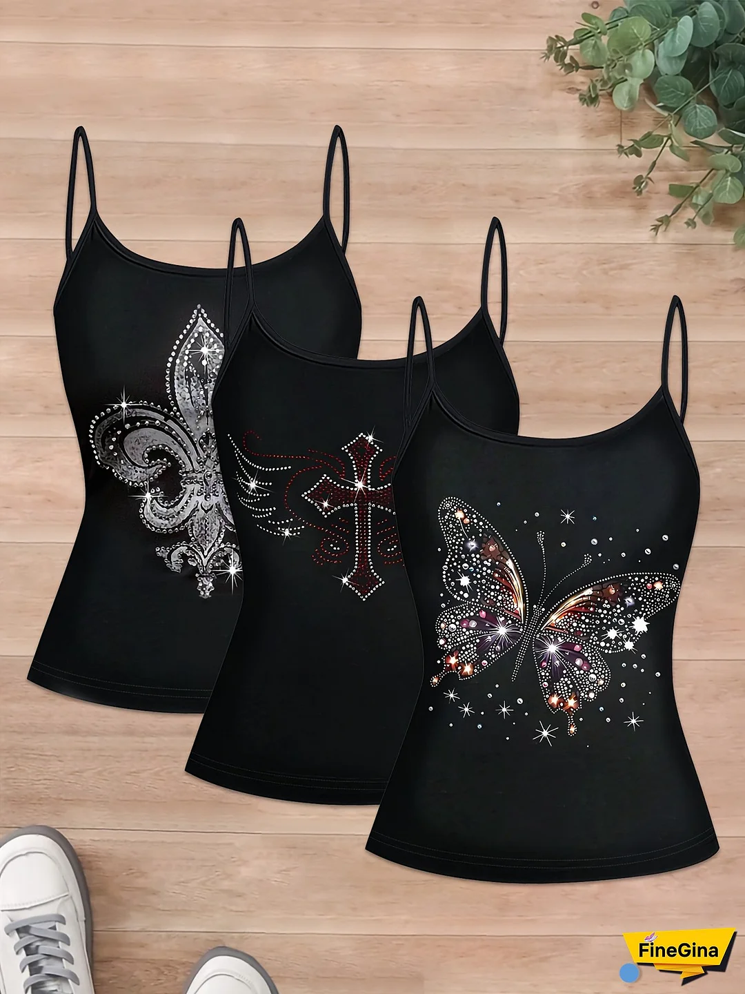 3pcs Black Trendy Series Glitter Butterfly Vintage Cross Element Mysterious Pattern Print Punk Style Rock Sleeveless Vest, Elegant And Stylish Women's Spaghetti Strap Top, Soft Comfortable Fabric Perfect For Summer Versatility