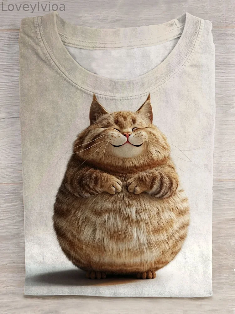 Cute Fluffy Cat Art Print Short Sleeve Casual T-shirt