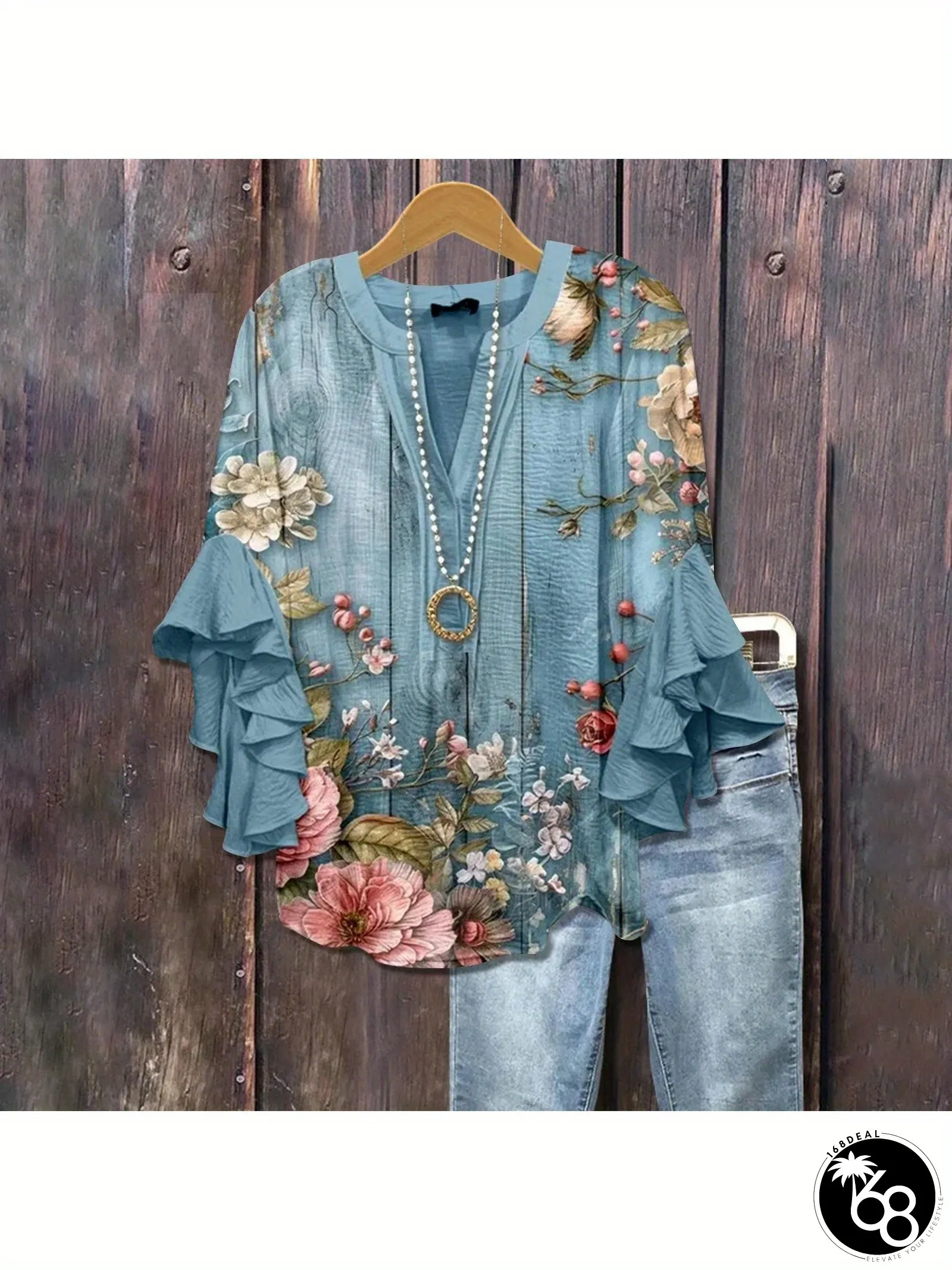 Womens Bohemian Floral Print Button-Front Blouse-V-Neck Smock Top-with Puffed Ruffles | 168DEAL