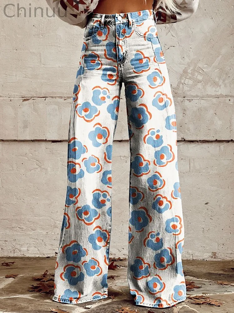 Women's Vintage Flower Print Casual Wide Leg Pants