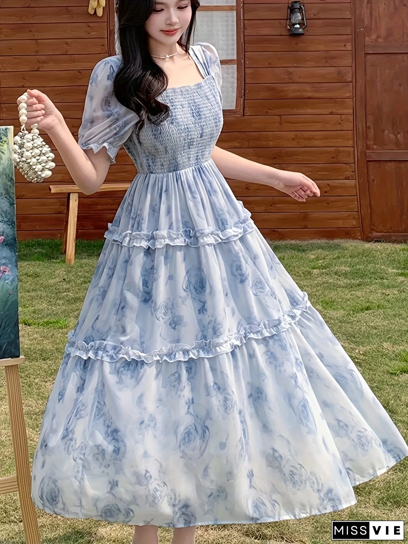 Womens Elegant Retro Blue Floral Print Maxi Dress Lightweight A-Line Silhouette