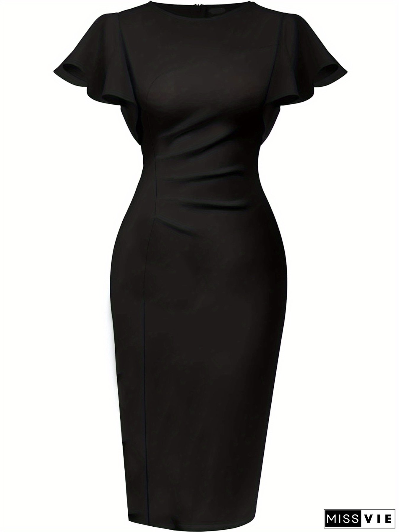 Women's Elegant Pencil Dress - Vibrant Red Round Neck Summer Dress with Asymmetrical Hem, Machine Washable Solid Color Office & Party Wear, Smooth Texture