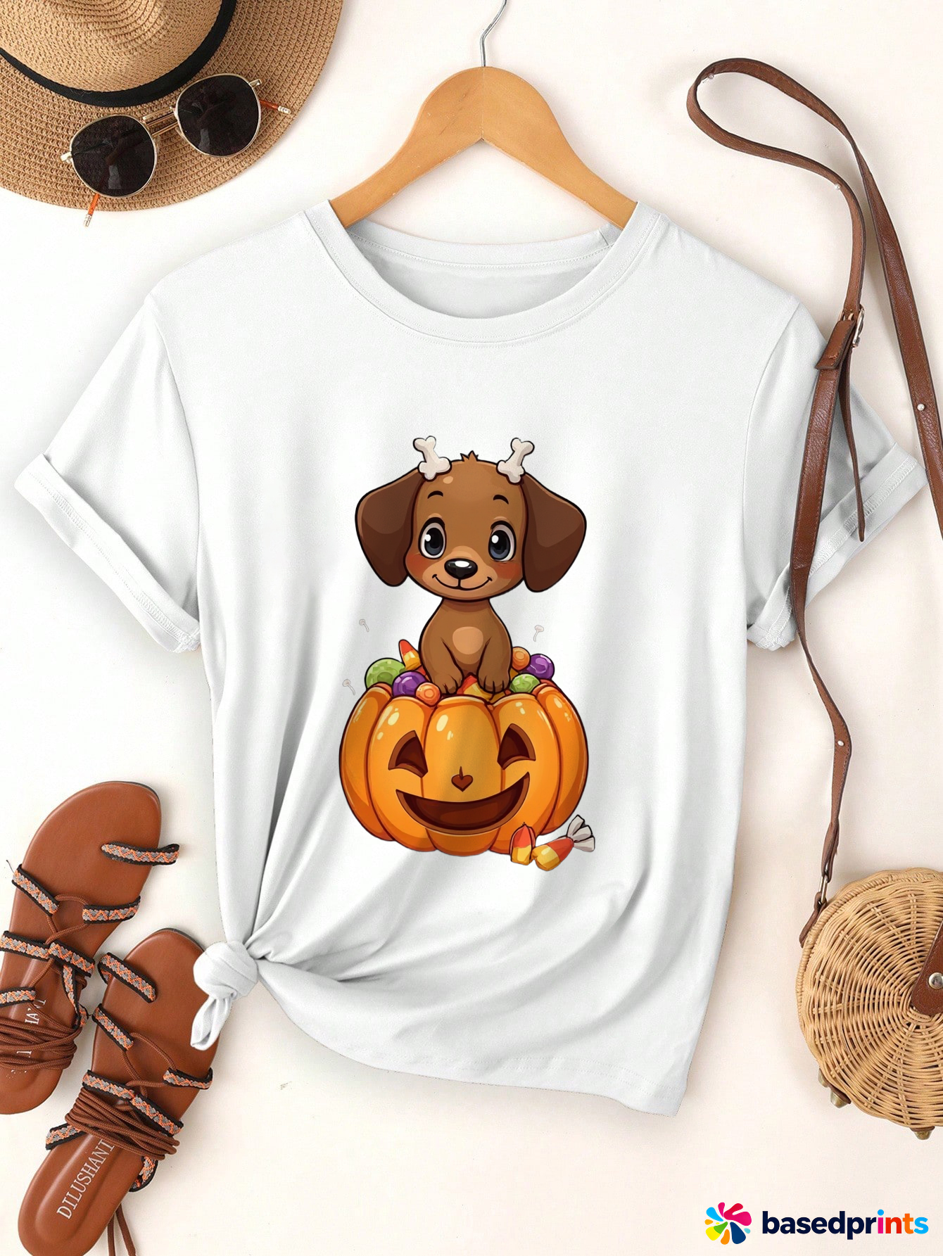 Halloween Pumpkin Dog T-Shirt Women Casual Cotton Tshirt Short Sleeve Tops