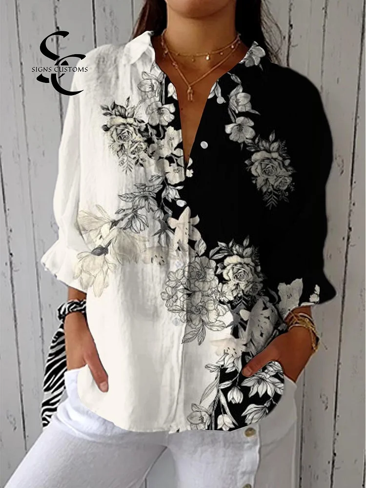 Women's Vintage Black and White Patchwork Floral Print Casual Linen V-neck Shirt