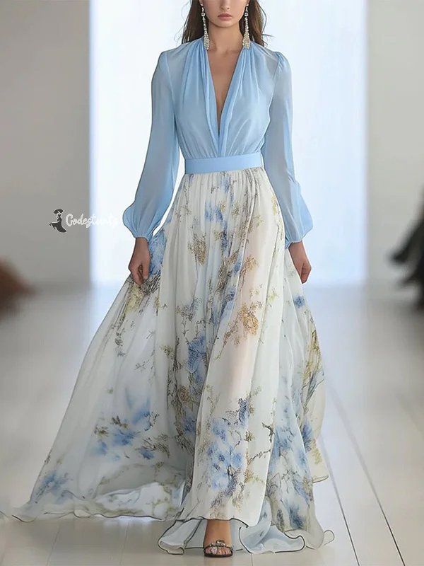 Flower Printed Contarst Color High-Waisted Long Sleeves Bohemia Maxi Dress
