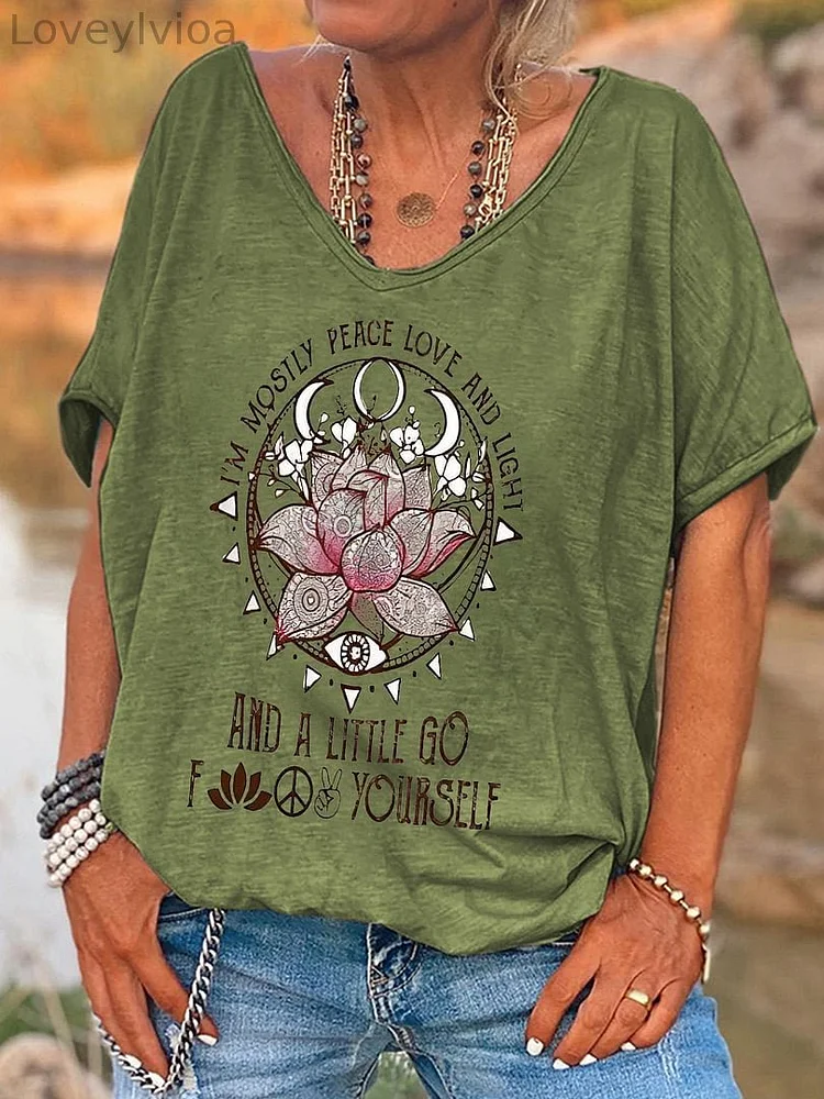 Women's Yoga Hippie I'm Mostly Peace Love And Light Casual V-Neck Tee