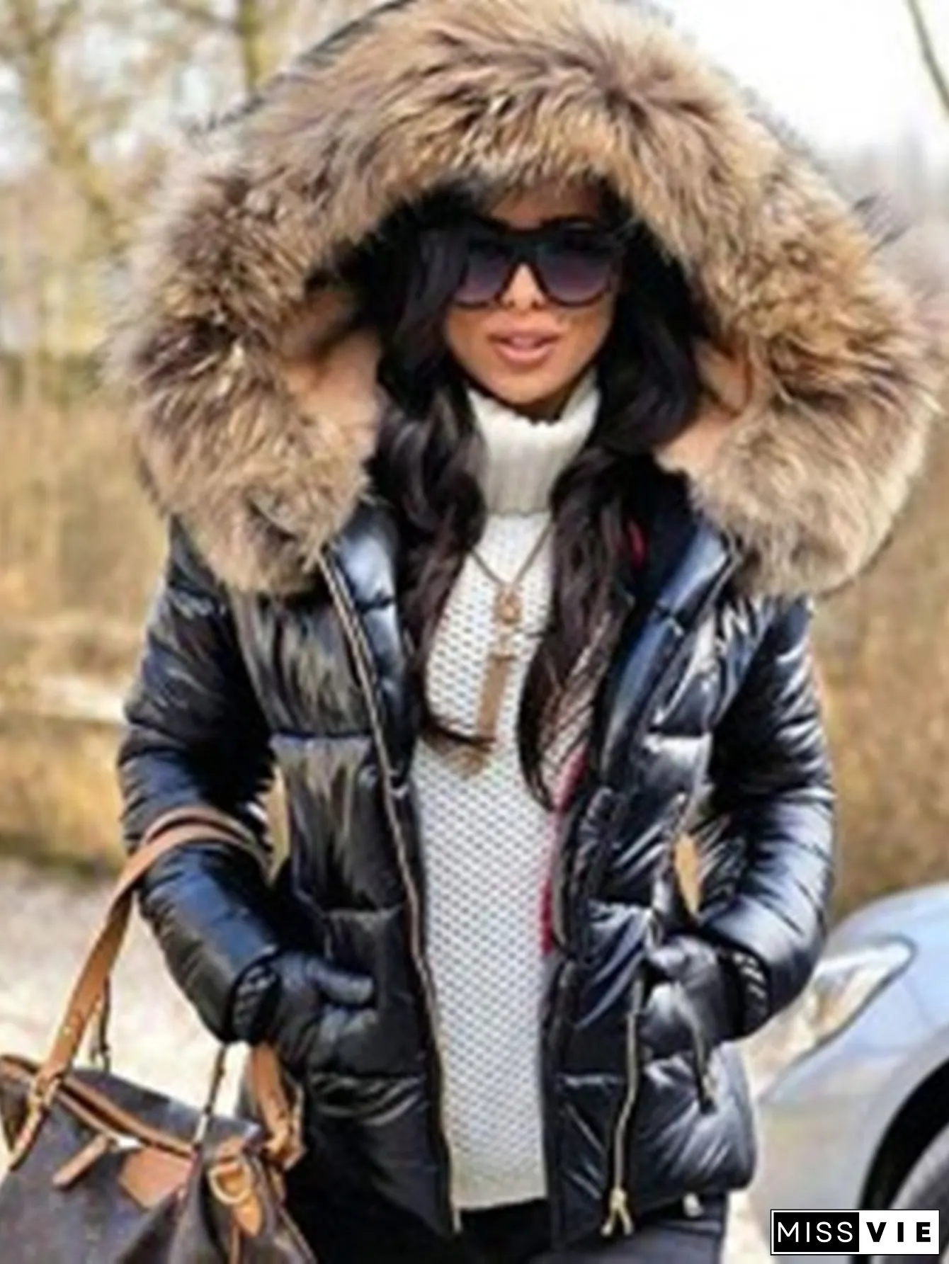 Womens Winter Warm Fur Trim Short Jacket with Belted Waist Full-Zip Closure Soft Outer