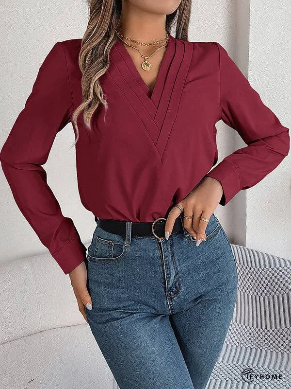 Long Sleeves Loose Pleated Solid Color Split-Joint V-Neck T-Shirts Tops | IFYHOME