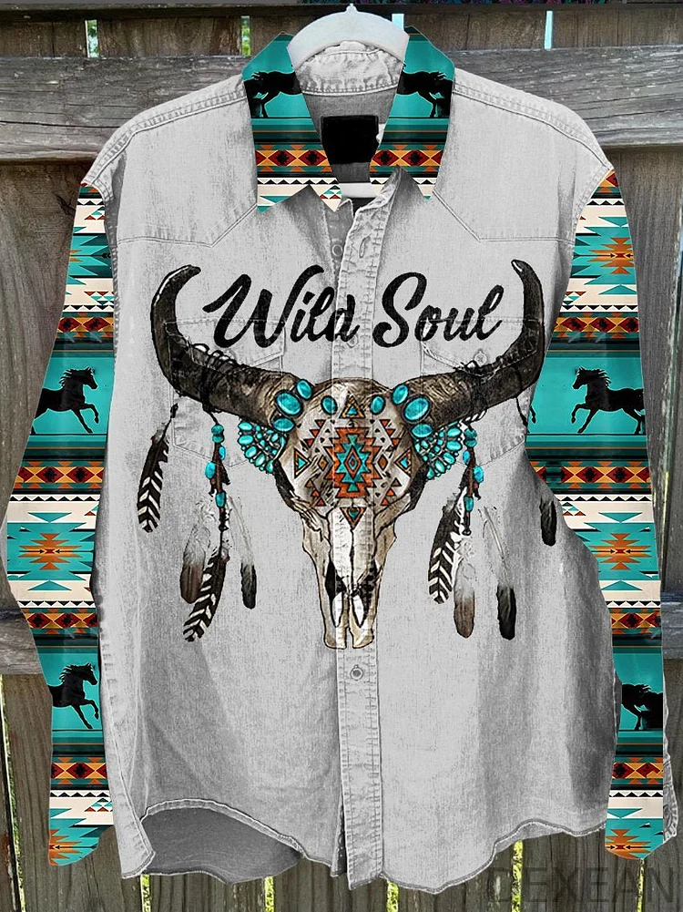 Western Style Denim Cow Head Totem Pattern Shirt Vintage Stripe Print Casual Shirt