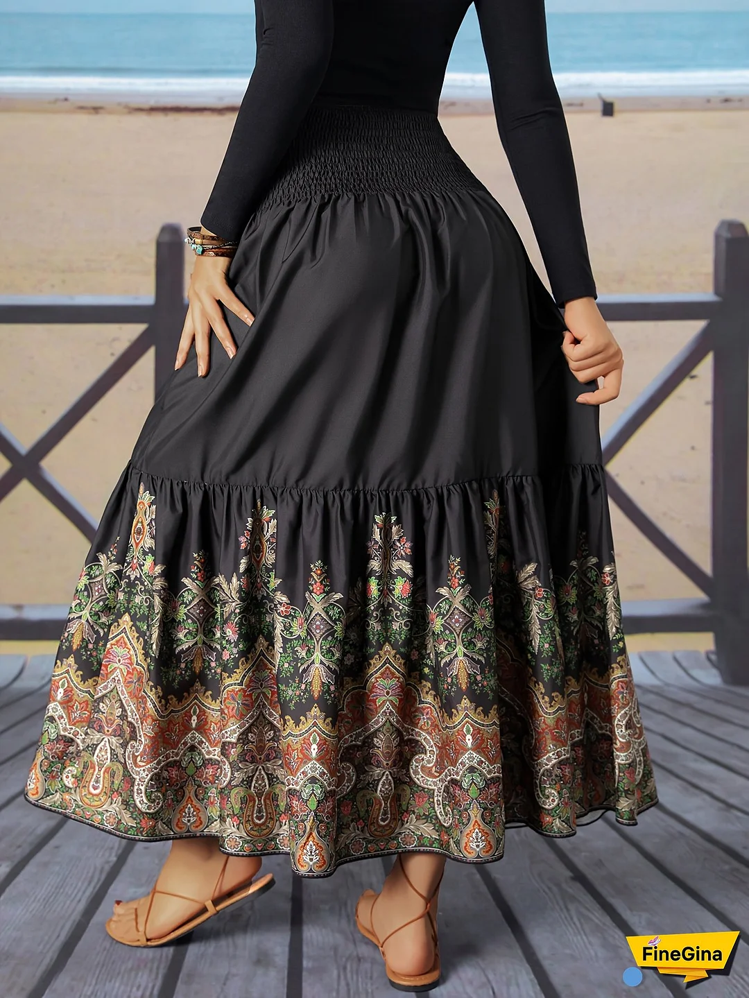 Women's Elegant Floral Print Maxi Skirt With Ruffled Hem - High-Waisted, A-Line, Lightweight Polyester, Black Base With Vibrant Floral Patterns, Perfect For Beach Or Vacation Wear