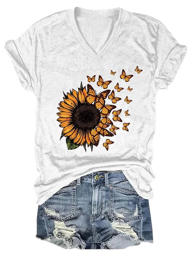 Eagerlys Eagerlys Sunflower Butterfly V-neck T-shirt Eagerlys