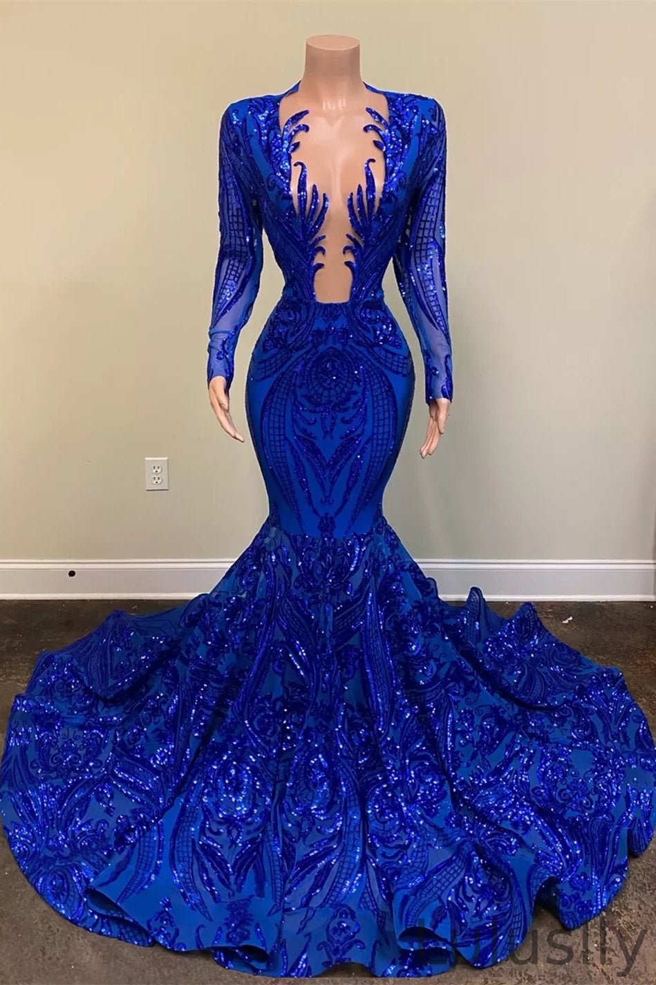 Luluslly Royal Blue Long Sleeves Prom Dress Mermaid Sequins