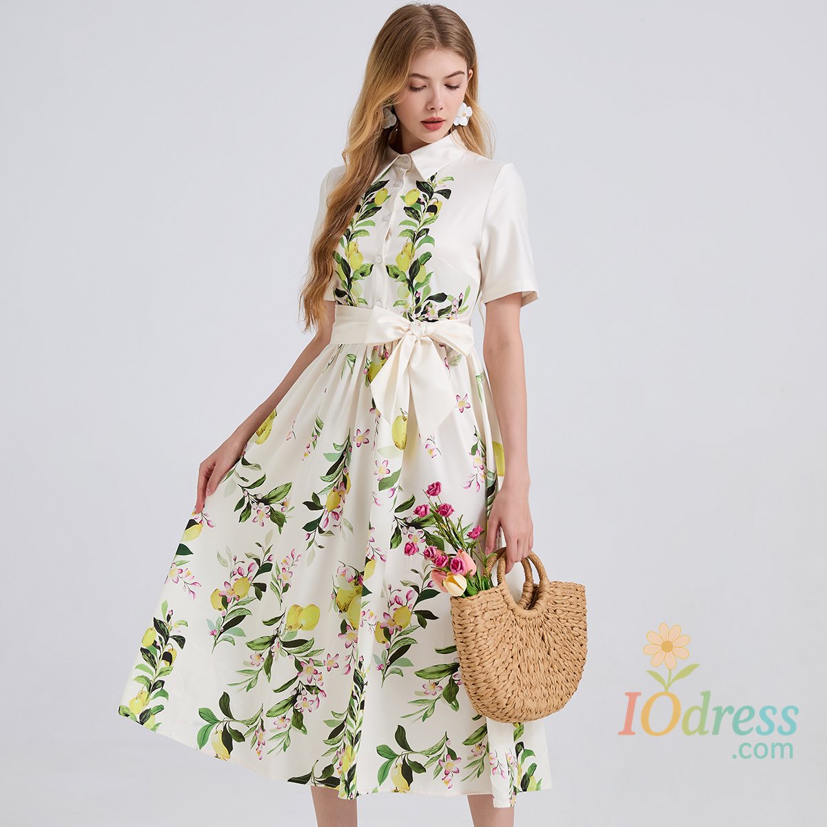 IO Dress Brand Designer Floral Long Dress Shirt Women Summer Holiday Single Breasted Pears Tree Printed Midi Casual Dresses Female IO Dress