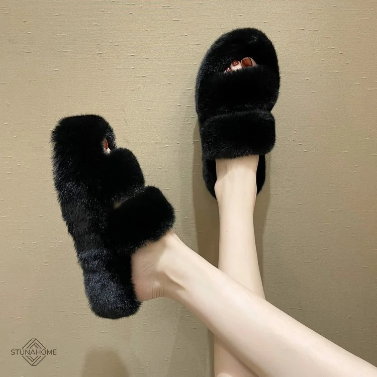 Minimalist Double Strap Fluffy Slippers  Stunahome.com
