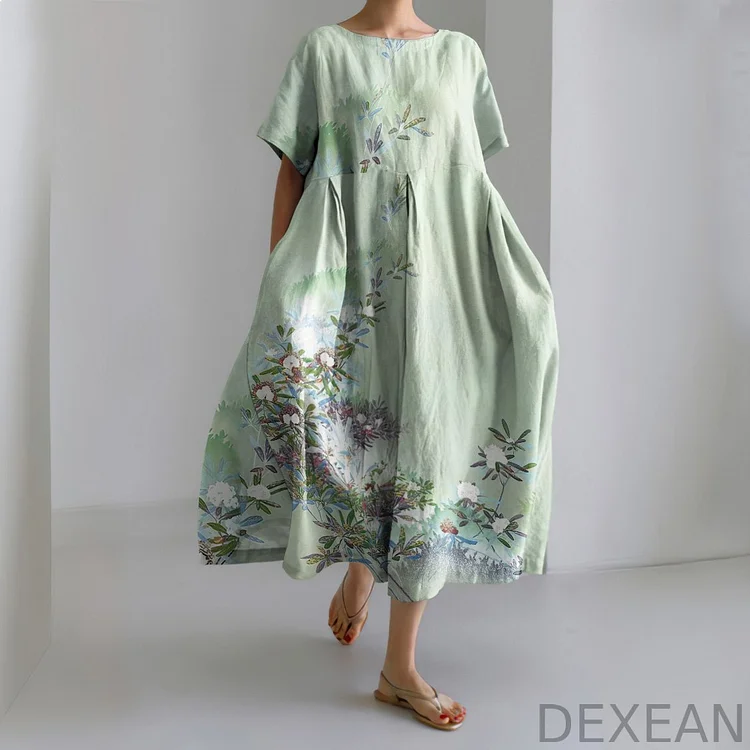 Flower Print Short Sleeve Midi Dress