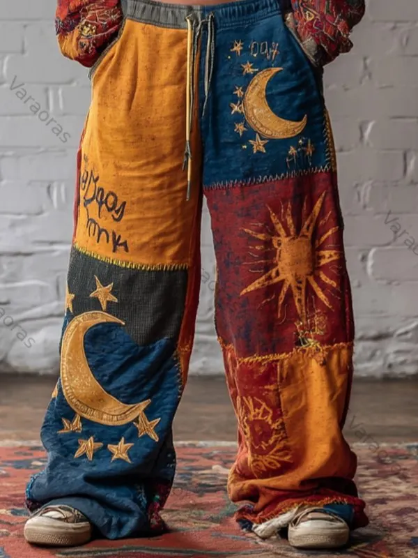 Men's Vintage Hippie Sun Moon Color Block Print Casual Pants f11c