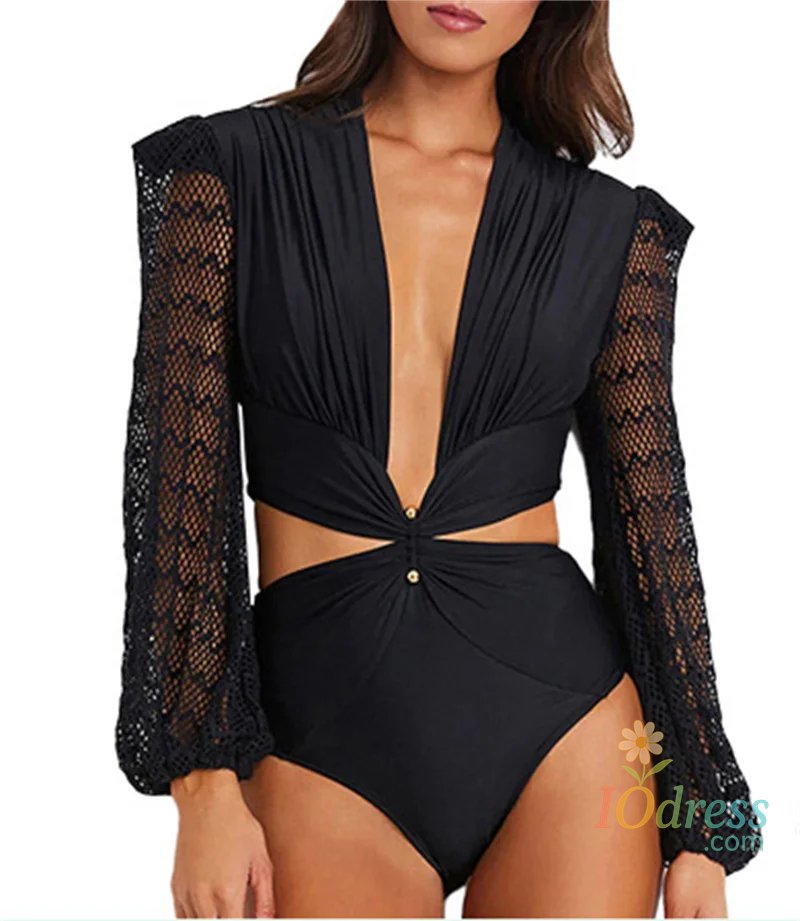 IO Dress 2025 New Sexy One Piece Swimsuit Swimwear Women Solid Hollow Lace Mesh Long Sleeve Deep V-neck One-piece Bathing Suit Beachwear