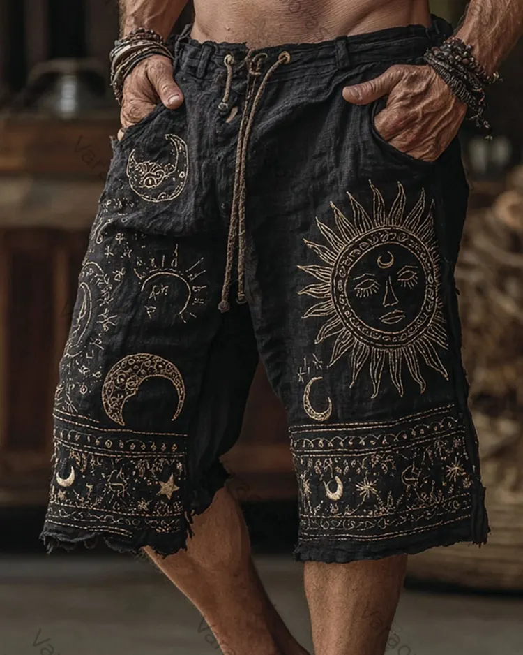 Men's Color-Blocked Star and Moon Embroidered Shorts 2268