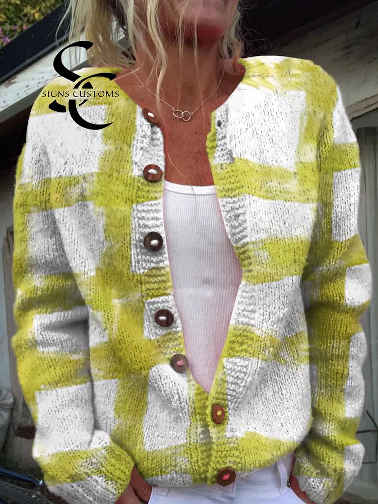 Women's Brushstroke Art Print Buttoned Cardigan Sweater