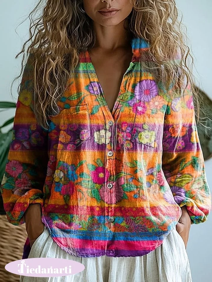 Women's Colorful Floral Pattern Casual Long Sleeve Comfortable Cotton Shirt