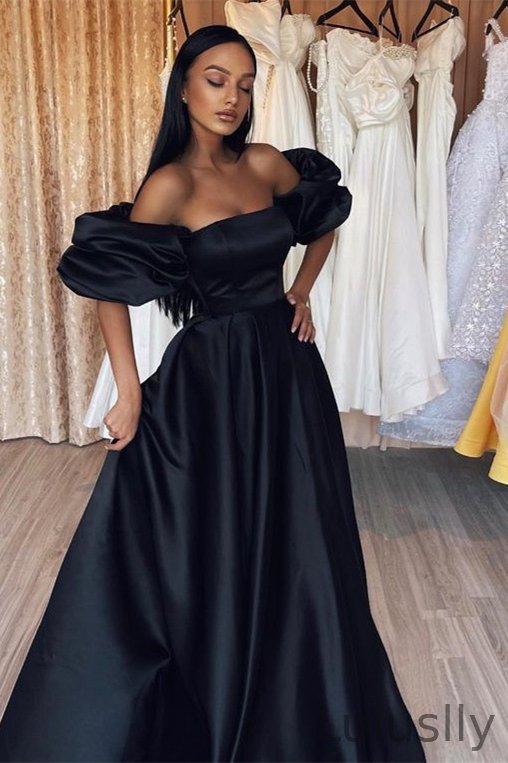 Luluslly Off-the-Shoulder Bubble Sleeves Black Prom Dress Princess Long