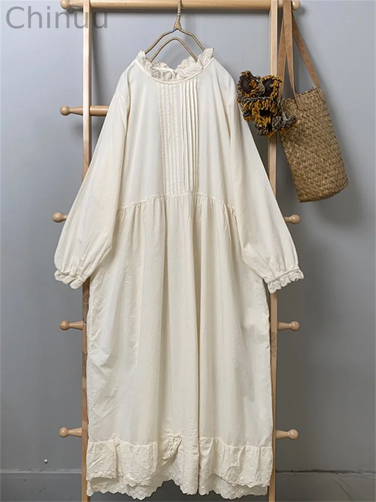 Vintage Pintucked Lace Hem Linen Blend Maxi Dress
