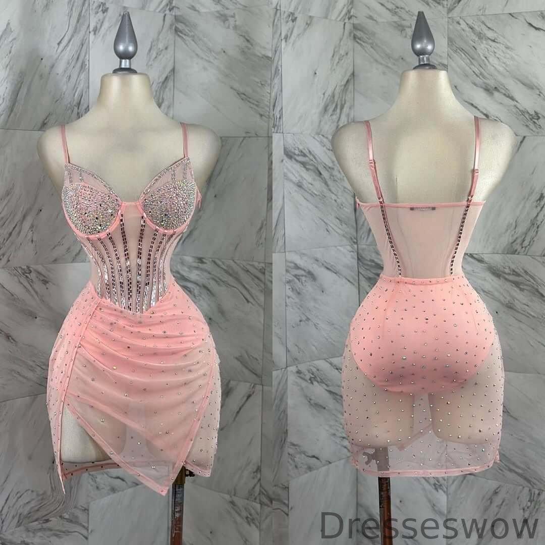 Dresseswow Pink Spaghetti-Straps Short Homecoming Dress V-Neck With Beads