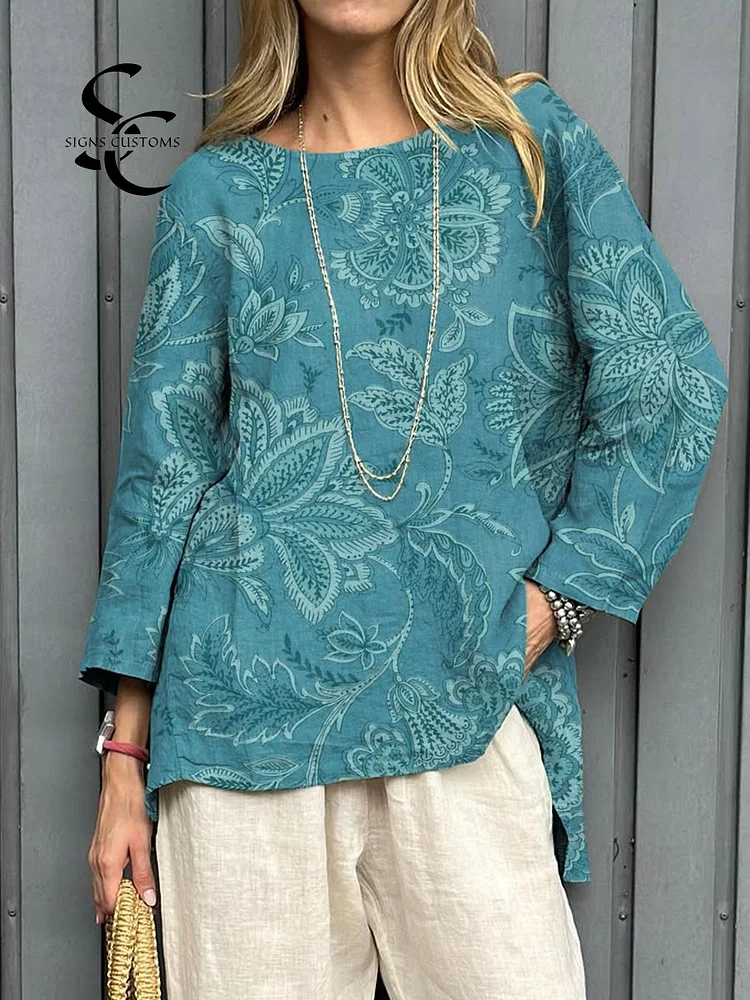 Women's Vintage Floral Art Print Casual Cotton And Linen Shirt