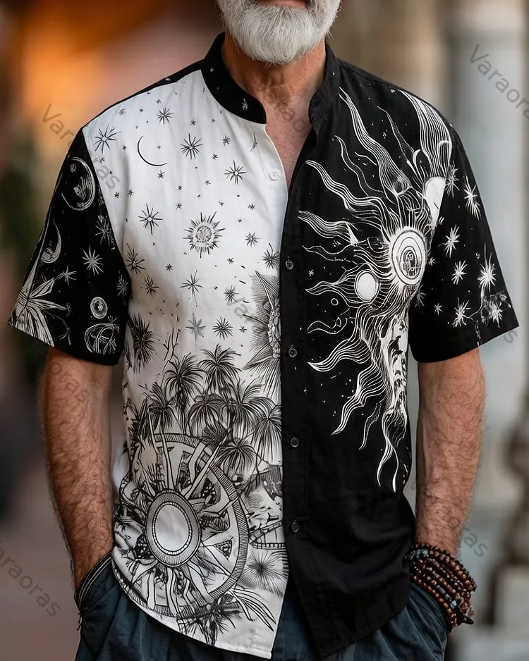 Men's Summer Fashion Star and Moon Print Embroidered Casual Linen Short-Sleeve Shirt 7207