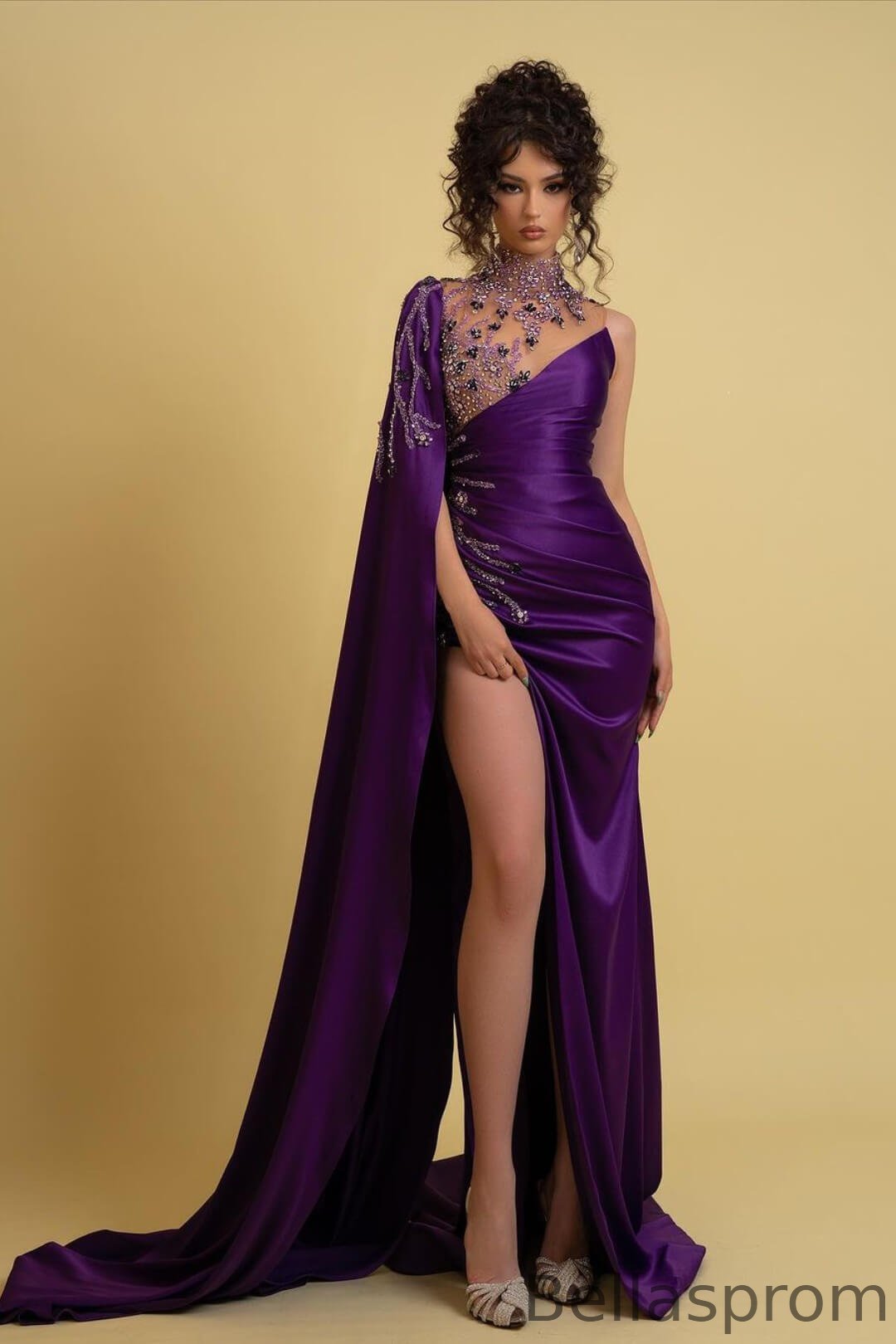 Bellasprom Purple High Neck Mermaid Prom Dress With Split Beadings Ruffles Bellasprom