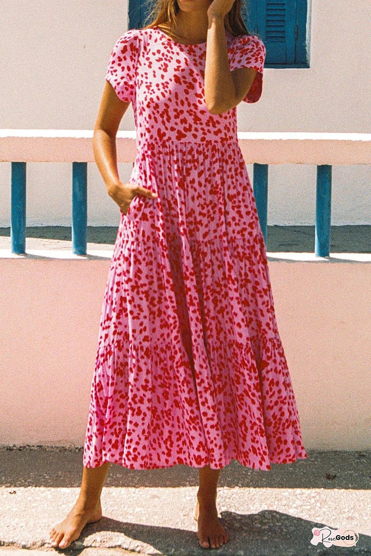 Printed Round Neck Short Sleeve Midi Dress
