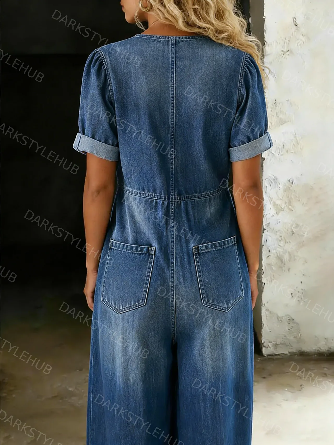 Women's Casual Loose Short-sleeved V-neck Denim Jumpsuit