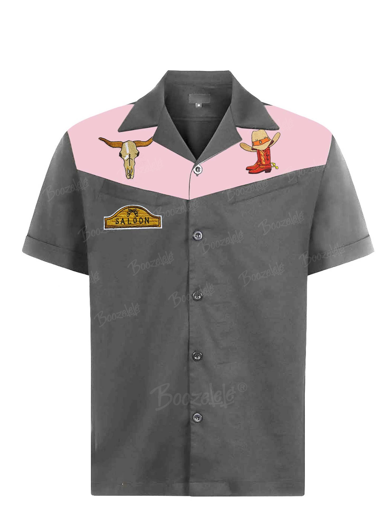 【Embroidery】Western Bulls Skull Tavern - 100% Cotton Cuban Collar Shirt