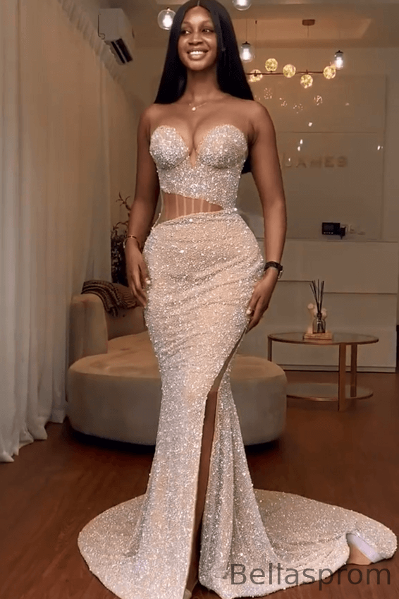 Bellasprom Champagne Sweetheart Sleeveless Mermaid Prom Dress With Split Sequins Beadings Bellasprom