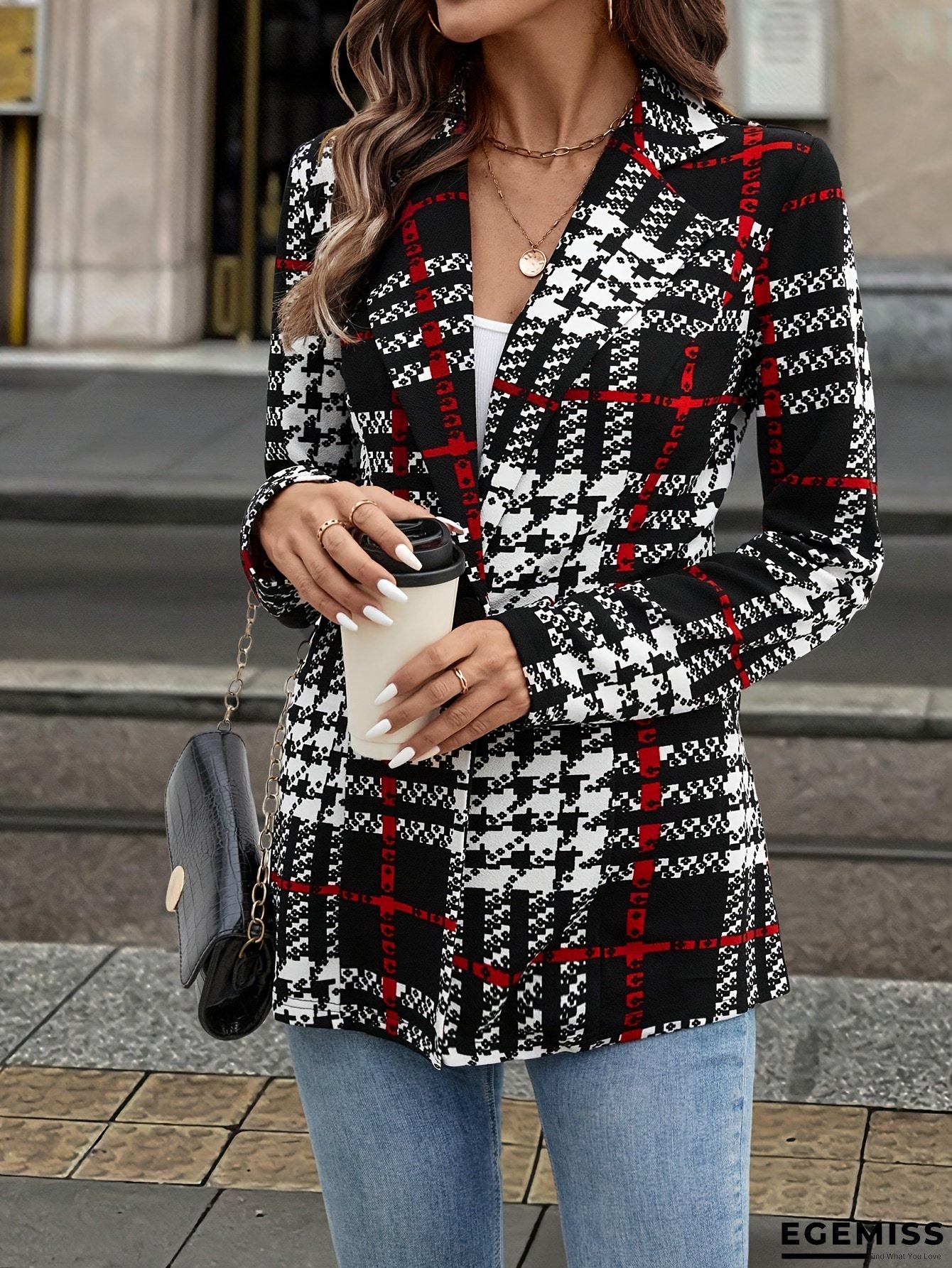 Women's Black & Red Blazer - Professional Office Coat Formal Event Jacket, Structured Non-Stretch H-Silhouette, Elegant Black-and-Red Pattern for Fall/Winter, Machine Washable Formal Outerwear, Business Attire, Sophisticated Design, Durable Construction | EGEMISS
