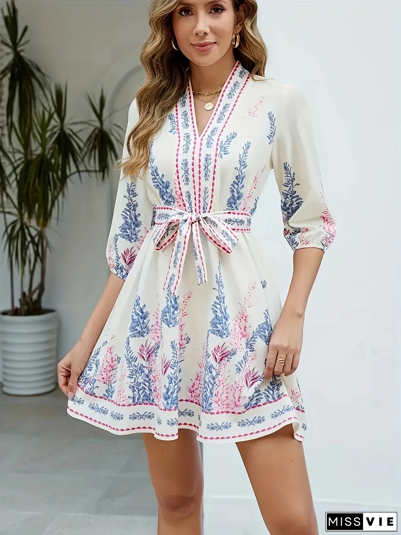 Womens Elegant V-Neck floral Print Dress with Belt knee-length three-quarters sleeve fit