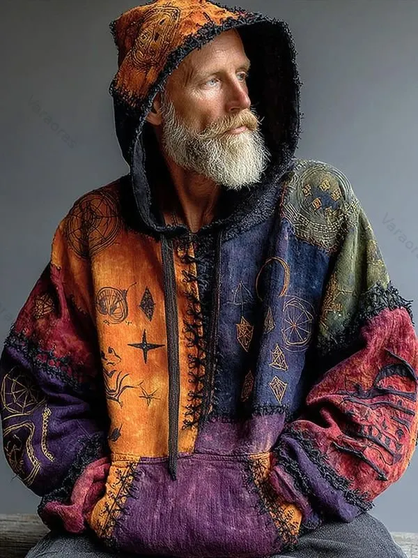 Men's Hippie Style Celestial Patchwork Art Print Pocket Hoodie c434