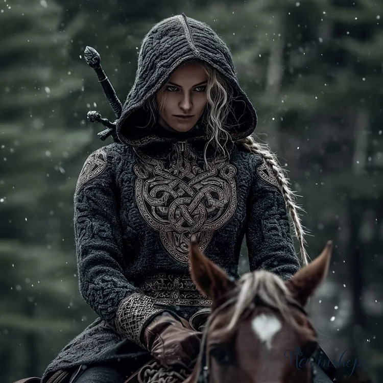 Viking Style Celtic Knot Thick Needle Design Hooded Sweater