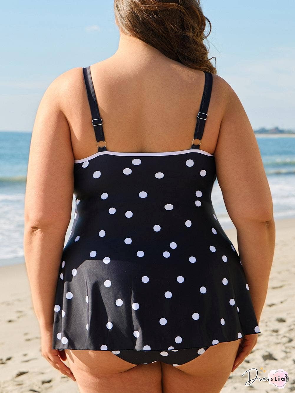 Polka Dot Trim V Neck Plus Size Swim Dress
