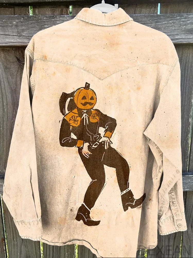 Men's Pumpkin Head Cowboy Vintage Stripe Print Casual Shirt