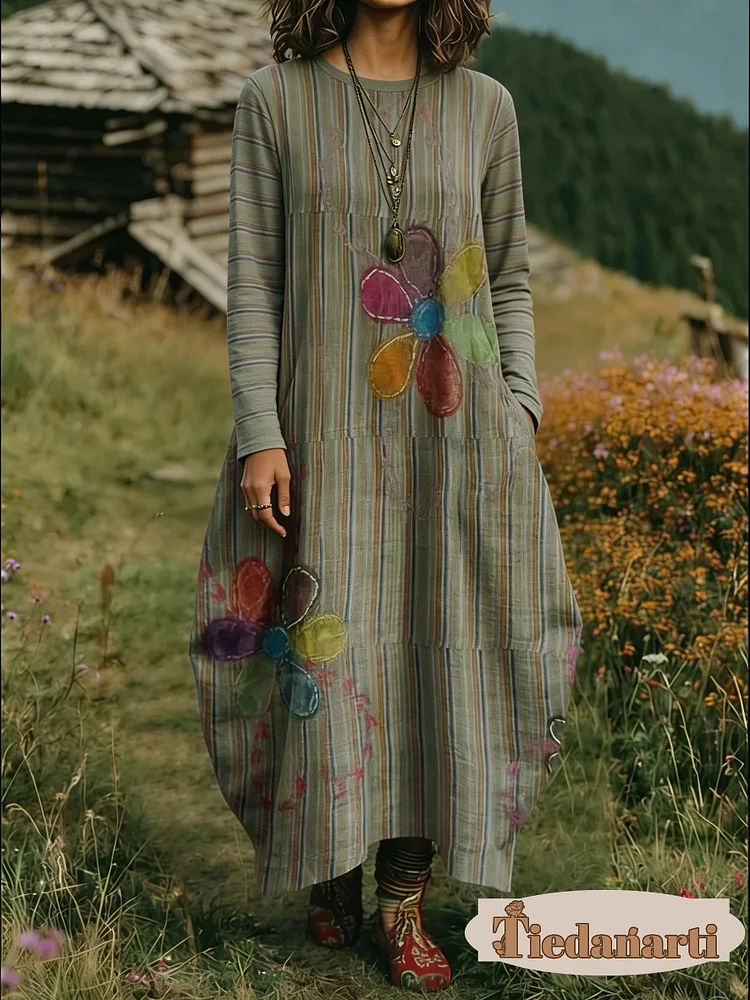 Women's Floral Print Crew Neck Long Sleeve Cotton Pocket Dress