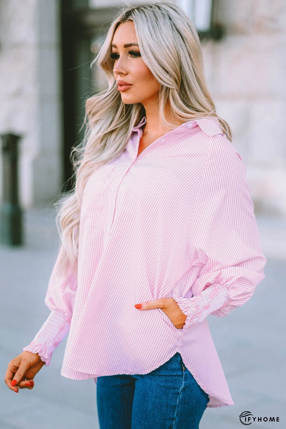 Striped Lantern Sleeve Collared Shirt | IFYHOME