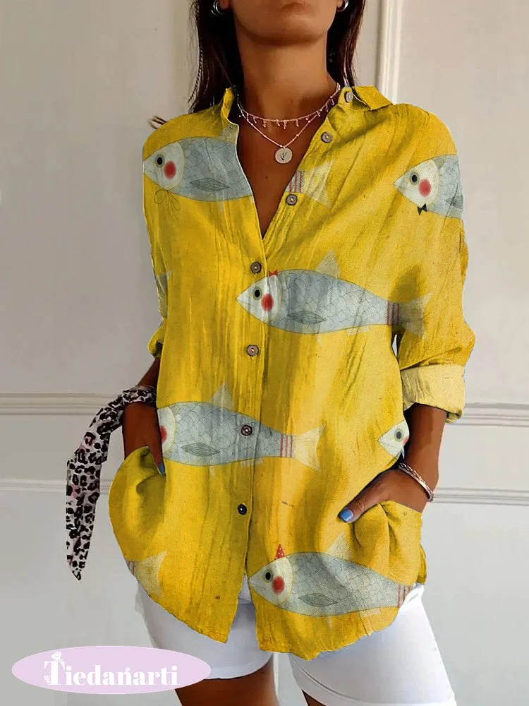 Japanese Style Yellow Sardine Print Casual Long-sleeved Shirt
