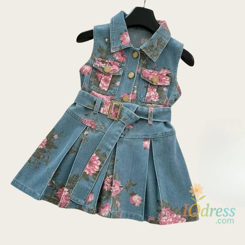 IO Dress Kids Children 2 - 8 Y Baby Girls Sleeveless Floral Printed Denim Dress with Stylish Belted Design Fashion Summer Outfit IO Dress