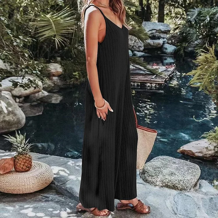 Casual Loose Solid Color Knitted Cotton Jumpsuit