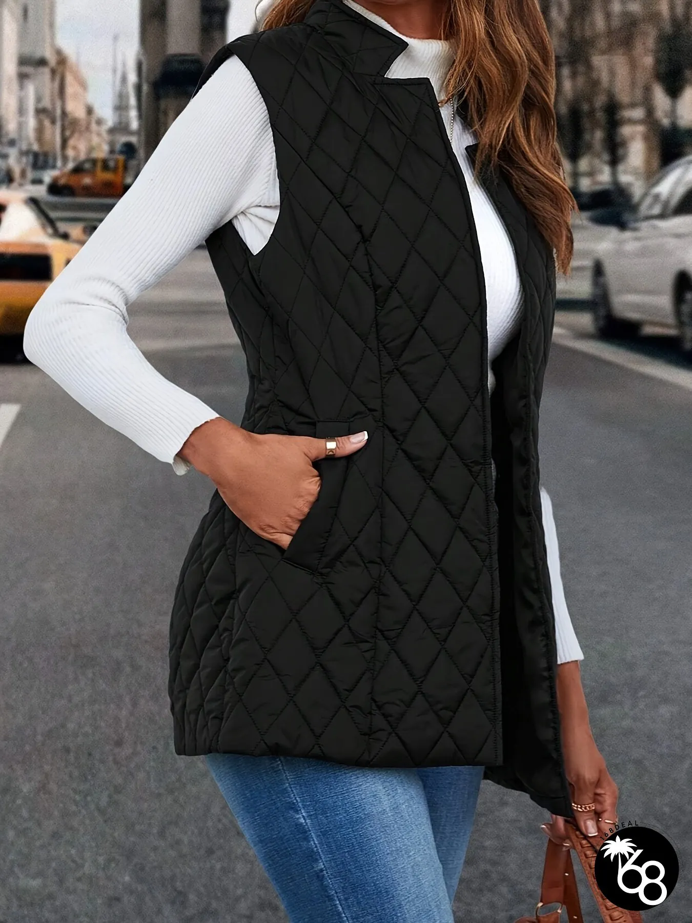 Stylish Black Quilted Jacket Long Sleeve Ribbed Cuffs Front Zipper Perfect for Fall Winter | 168DEAL