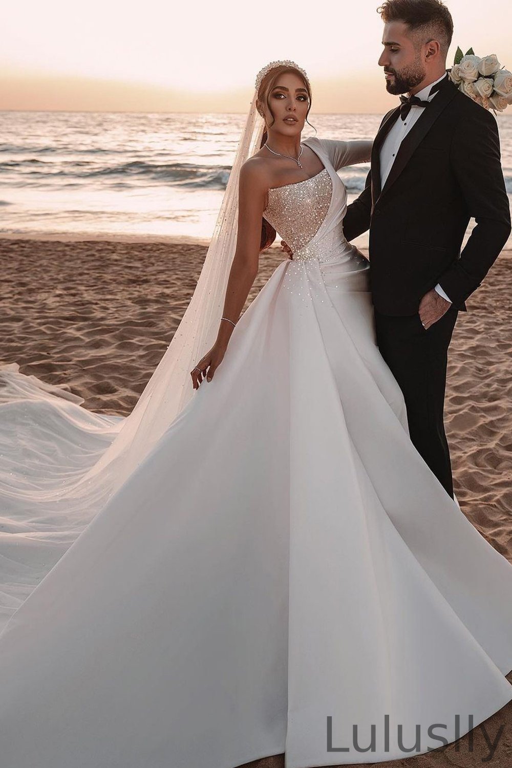 Luluslly One Shoulder Long Sleeves Wedding Dress With Sequined