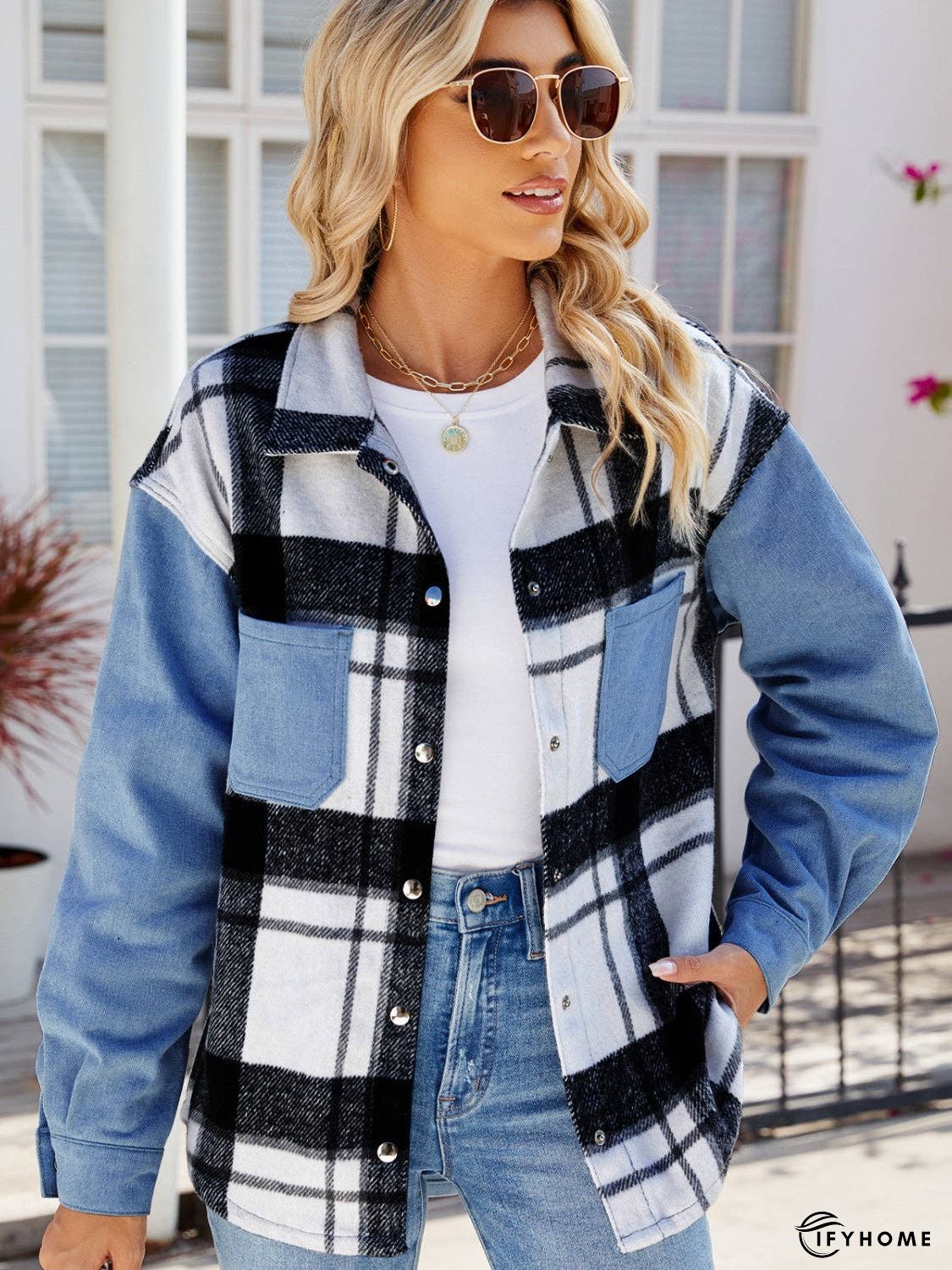 Pocketed Plaid Snap Down Denim Jacket | IFYHOME